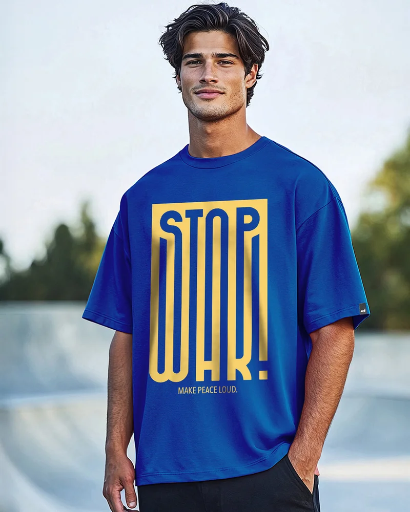 bewakoof Men's Blue Stopwar Typography Oversized T-shirt
